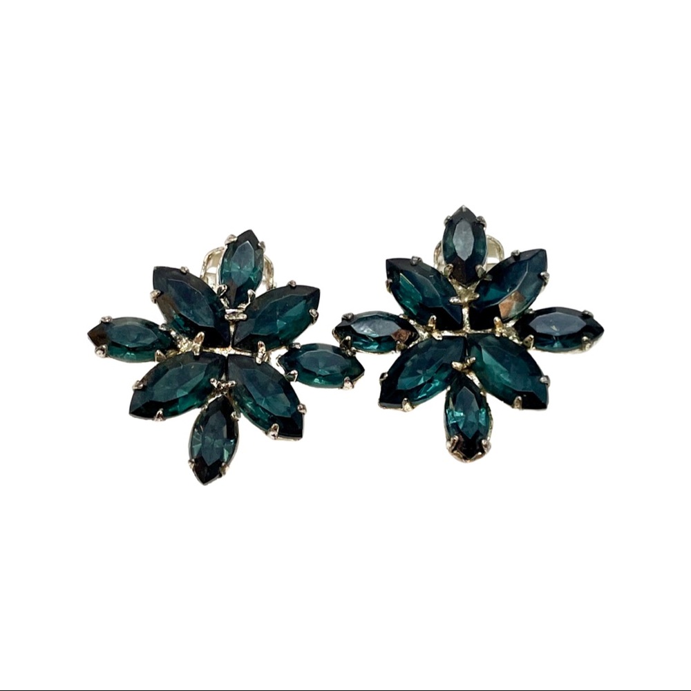Vintage Blue Rhinestone Earrings Cluster Clip On